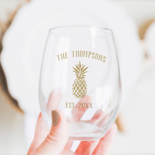 Rustic Pineapple Personalized Family Name Stemless Wine Glass
