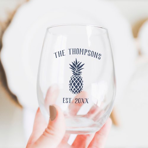 Rustic Pineapple Personalized Family Name Stemless Wine Glass