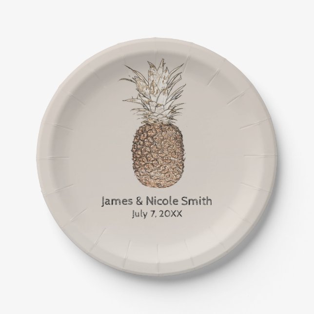 Rustic Pineapple Tropical Hawaiian Wedding Paper Plates (Front)