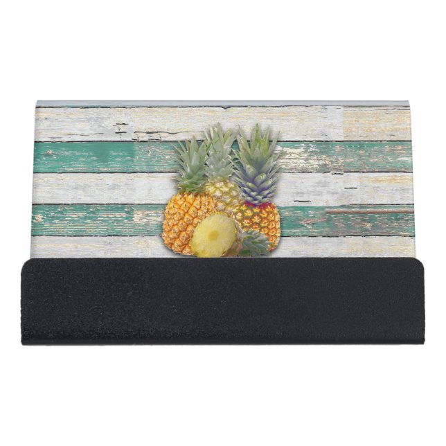 Rustic Pineapples (Teal) Desk Business Card Holder (Front)