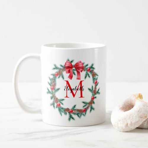 Rustic Pinecone  Bauble Christmas Wreath Monogram Coffee Mug