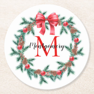 Rustic Pinecone Bauble Christmas Wreath Monogram Round Paper Coaster