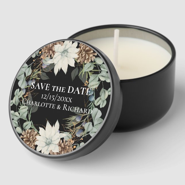 Rustic Pinecone Botanical on Black SAVE THE DATE Mini Candle Favors (Corner)