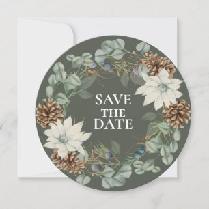 Rustic Pinecone Botanical on Green SAVE THE DATE