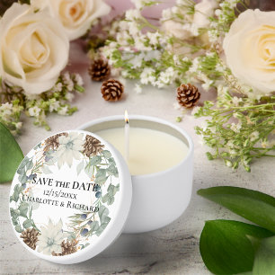 Rustic Pinecone Botanical on White SAVE THE DATE Mini Candle Favors
