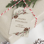 Rustic Pinecone Christmas Holiday Gift Tags<br><div class="desc">Send holiday cheer to your family and friends. This design features watercolor pine corns,  red berries on a faux burlap canvas texture background. For more advanced customization of this design,  Please click the "Customize" button. Matching items are also available.</div>