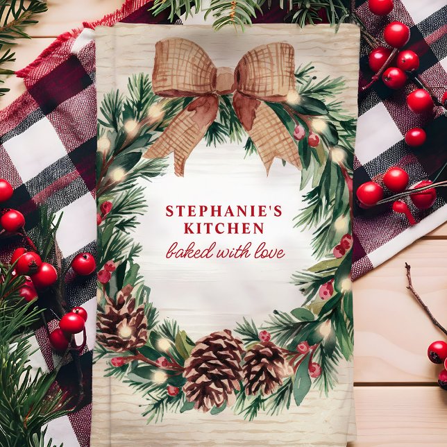 Rustic Pinecone Christmas Wreath Personalized Kitchen Towel (Creator Uploaded)