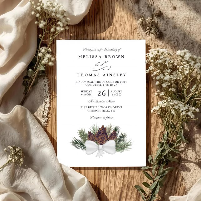 Rustic Pinecone Country Elegant QR Code Wedding Invitation (Creator Uploaded)