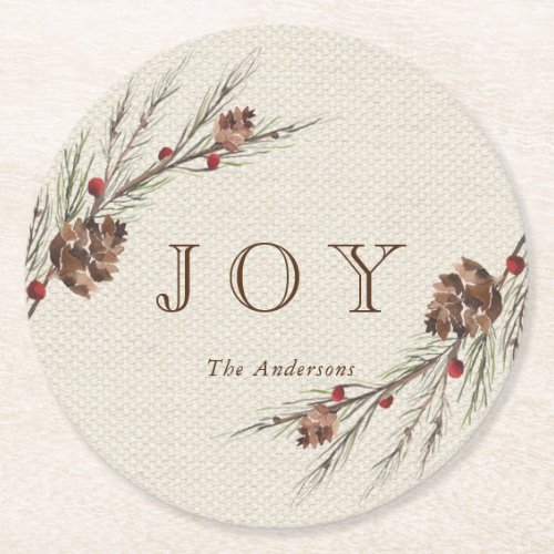 Rustic Pinecone Custom Text Holiday Round Paper Coaster