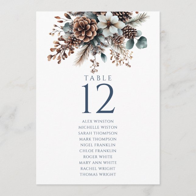 Rustic Pinecone Floral Table Number Seating Chart (Front)