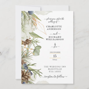 Rustic Pinecone Greenery Border on White Invitation