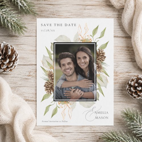 Rustic Pinecone Greenery Photo Save the Date