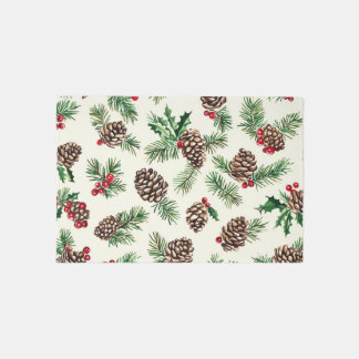 Rustic Pinecone & Holly Christmas Doormat Rug