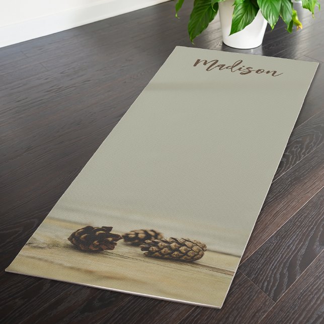 Rustic Pinecone Photo With Muted Sage Green & Name Yoga Mat (Creator Uploaded)