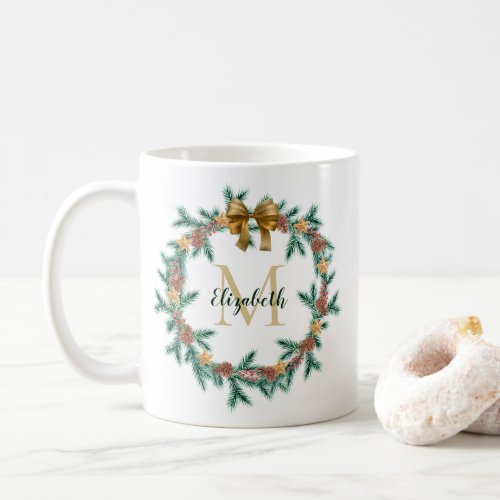 Rustic Pinecone  Stars Christmas Wreath Monogram Coffee Mug