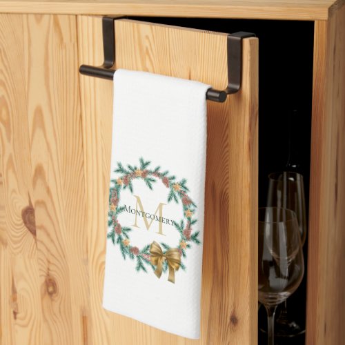 Rustic Pinecone  Stars Christmas Wreath Monogram Kitchen Towel