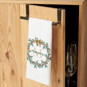 Rustic Pinecone   Stars Christmas Wreath Monogram Kitchen Towel