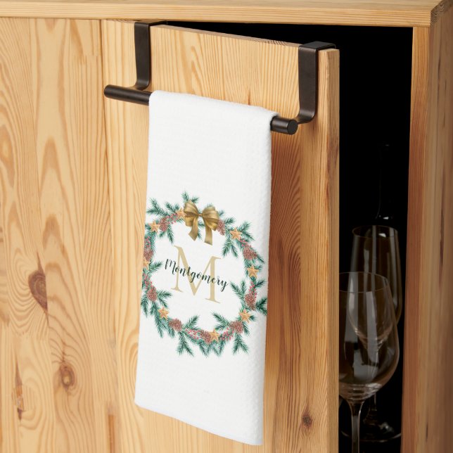Rustic Pinecone | Stars Christmas Wreath Monogram Kitchen Towel (Thirds Fold)