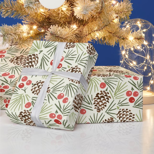 Rustic Pinecones and Berries Pattern Wrapping Paper (Holidays)