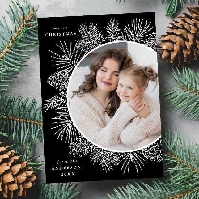 Rustic Pinecones Black Photo Holiday Card (Creator Uploaded)