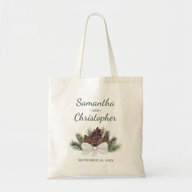 Rustic Pinecones Bouquet Couple's Names Wedding  Tote Bag (Front)