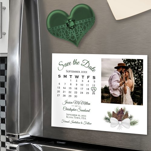 Rustic Pinecones Calendar  Photo Save the Date Magnetic Invitation