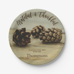 Rustic Pinecones Custom Family Name Thanksgiving Paper Plates
