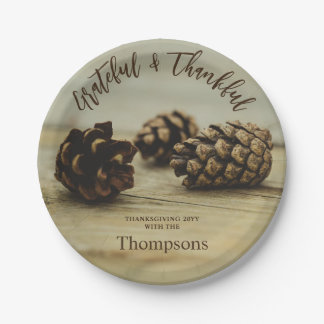 Rustic Pinecones Custom Family Name Thanksgiving Paper Plates