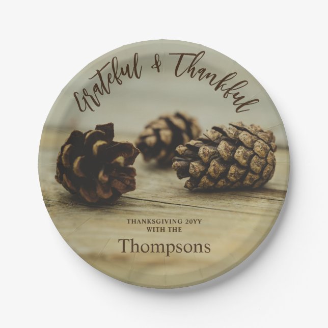 Rustic Pinecones Custom Family Name Thanksgiving Paper Plates (Front)