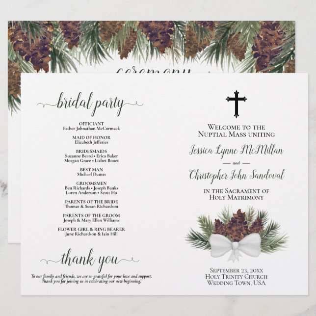 Rustic Pinecones DIY Fold Catholic Wedding Program (Front/Back)