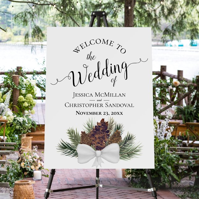 Rustic Pinecones Elegant Wedding Welcome Foam Board (In Situ on Stand with Decor)