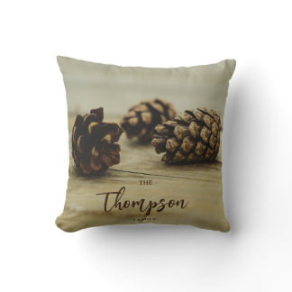 Rustic Pinecones Fall Photo Custom Family Name Throw Pillow