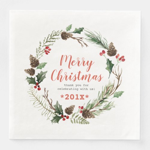 Rustic Pinecones  Green Foliage Christmas Wreath Paper Dinner Napkins