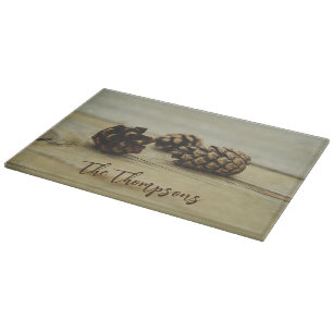 Rustic Pinecones Nature Photo And Custom Name Cutting Board