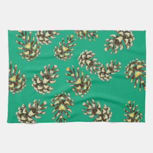 Rustic Pinecones Pattern on Forest Green Kitchen Towel