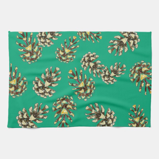Rustic Pinecones Pattern on Forest Green Kitchen Towel (Horizontal)