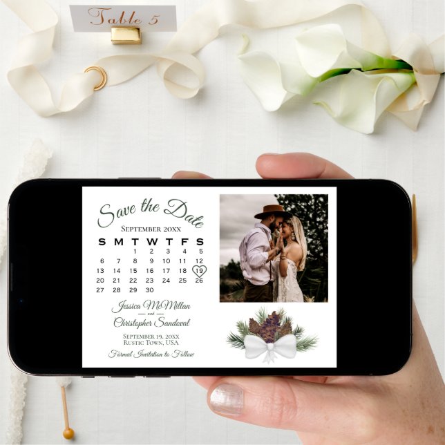 Rustic Pinecones Wedding Calendar & Photo Save The Date (Front Digital)