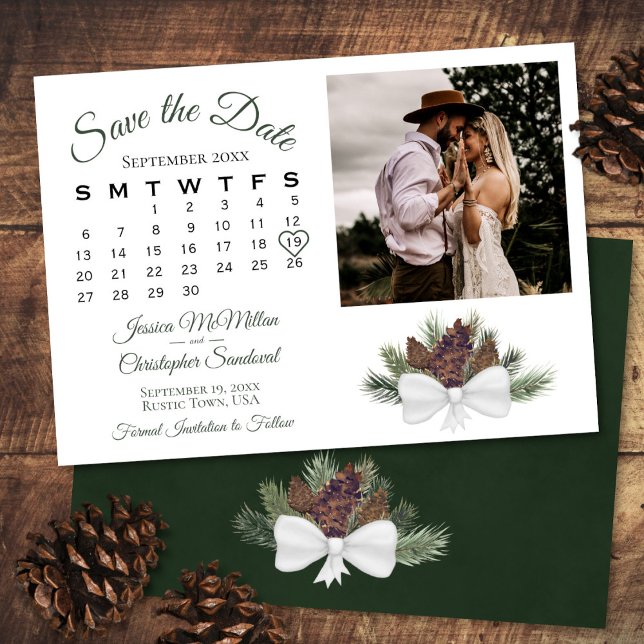 Rustic Pinecones Wedding Calendar & Photo Save The Date (in Situ Front/Back)