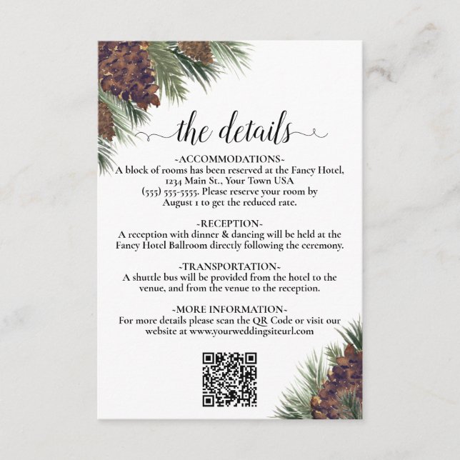 Rustic Pinecones Wedding QR Code Details Enclosure Card (Front)