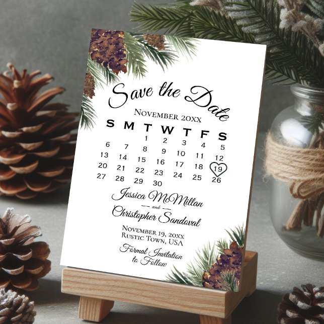 Rustic Pinecones Winter Greenery Calendar Wedding Save The Date (Creator Uploaded)