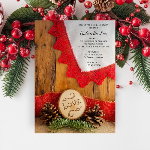 Rustic Pines and Red Lace Winter Bridal Shower Invitation