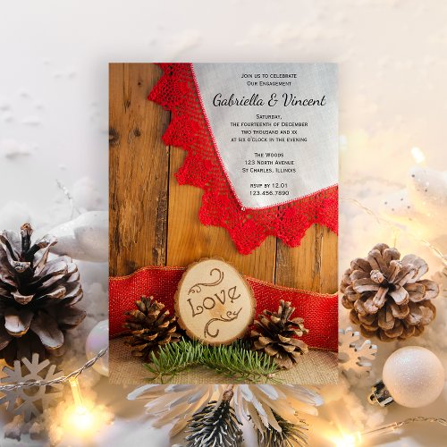 Rustic Pines and Red Lace Winter Engagement Party Invitation