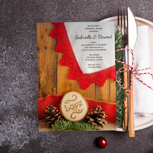 Rustic Pines and Red Lace Winter Rehearsal Dinner Invitation