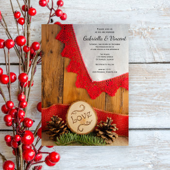 Rustic Pines And Red Lace Winter Wedding Invitation by loraseverson at Zazzle