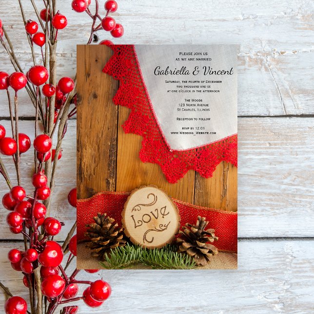 Rustic Pines and Red Lace Winter Wedding Invitation (Set a festive tone for your marriage with the Rustic Pines Red Lace Barn Wedding Invitation.)