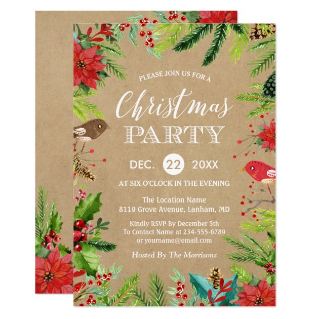 Rustic Pines Berries Floral Kraft Christmas Party Invitation