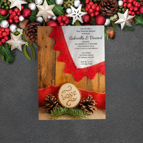 Rustic Pines Red Lace Winter Post Wedding Brunch Invitation