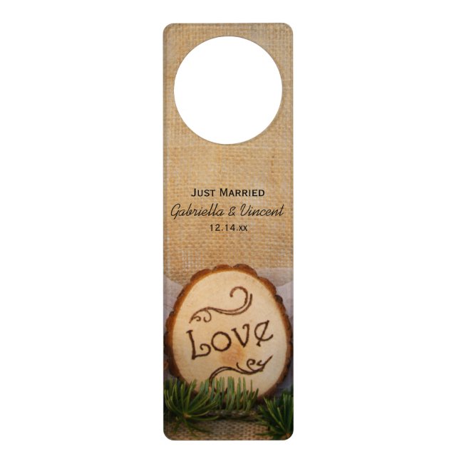 Rustic Pines Woodland Just Married Wedding Door Hanger (Front)