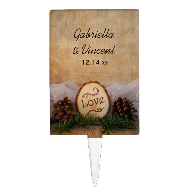 Rustic Pines Woodland Wedding Cake Topper (Front)