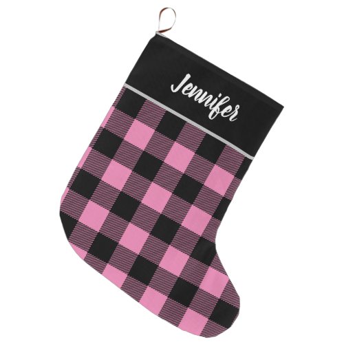 Rustic Pink and Black Buffalo Check Monogram Large Christmas Stocking